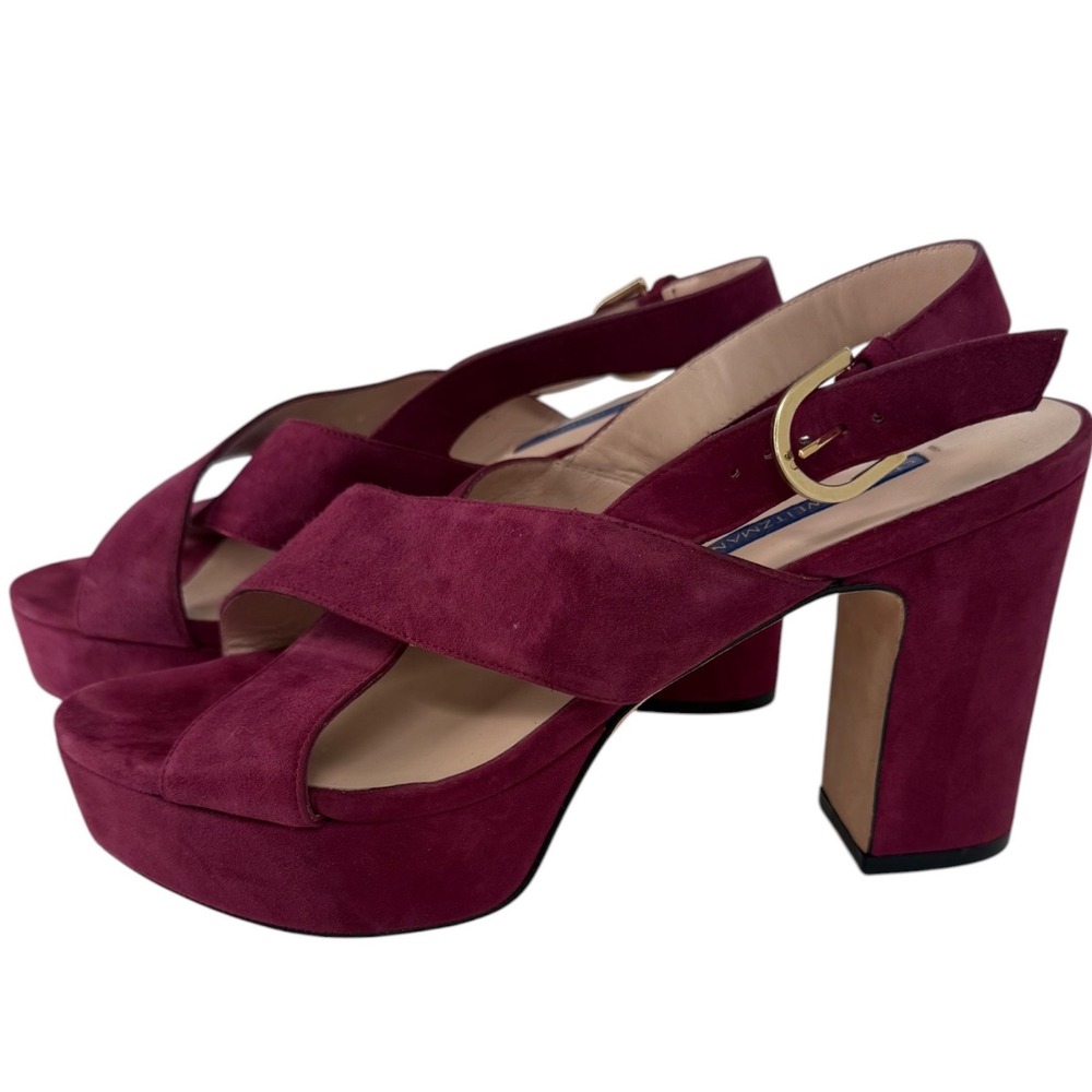 Stuart Weitzman Womens Magenta Suede Platform Block Heel Slingback Sandal Sz 9.5